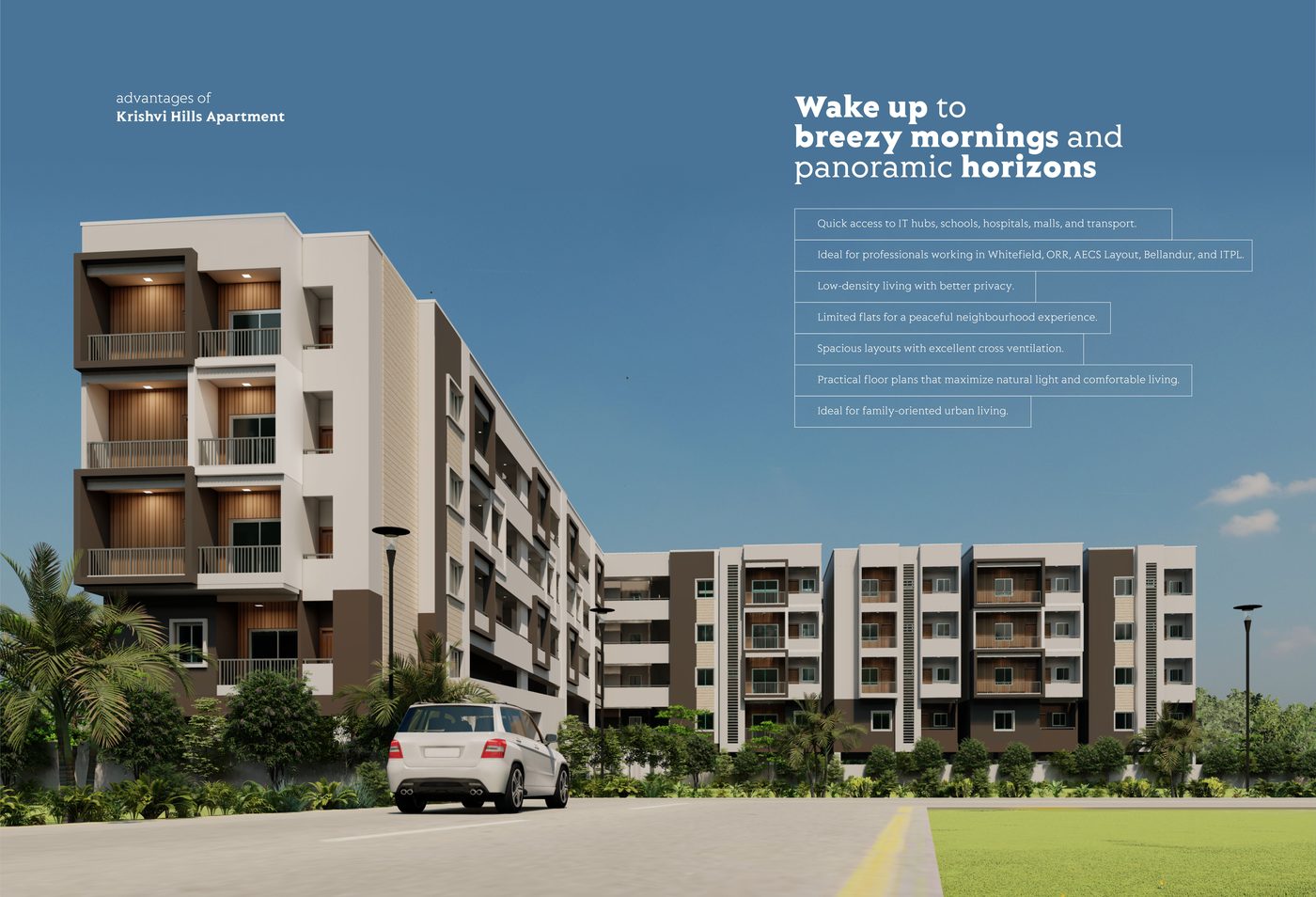 Krishvi Emphasis apartment facade on HAL Road, Marathahalli, Bengaluru